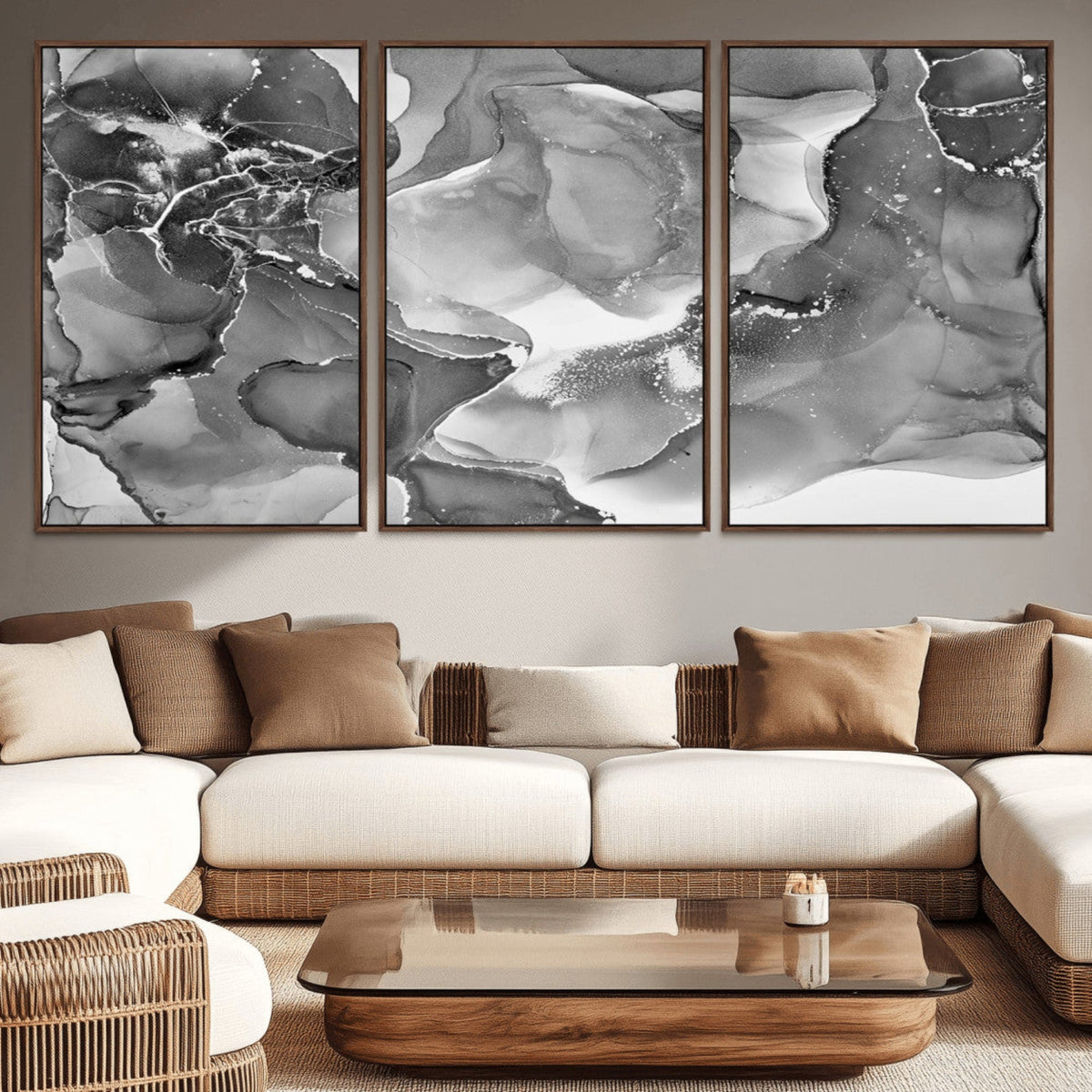 Black White Abstract Canvas Wall Art - Fluid Ink Artwork -