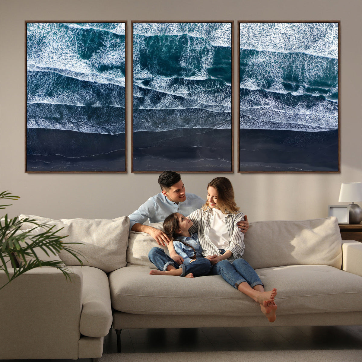 Black Beach Wall Art Canvas Print – Framed Aerial Ocean View