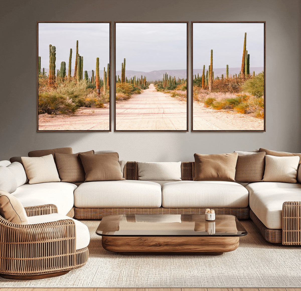 Desert Cactus Lined Road Wall Art Canvas Print – Framed