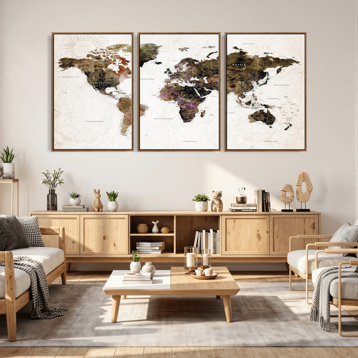 Watercolor World Map Print - Large Wall Art Canvas Print for