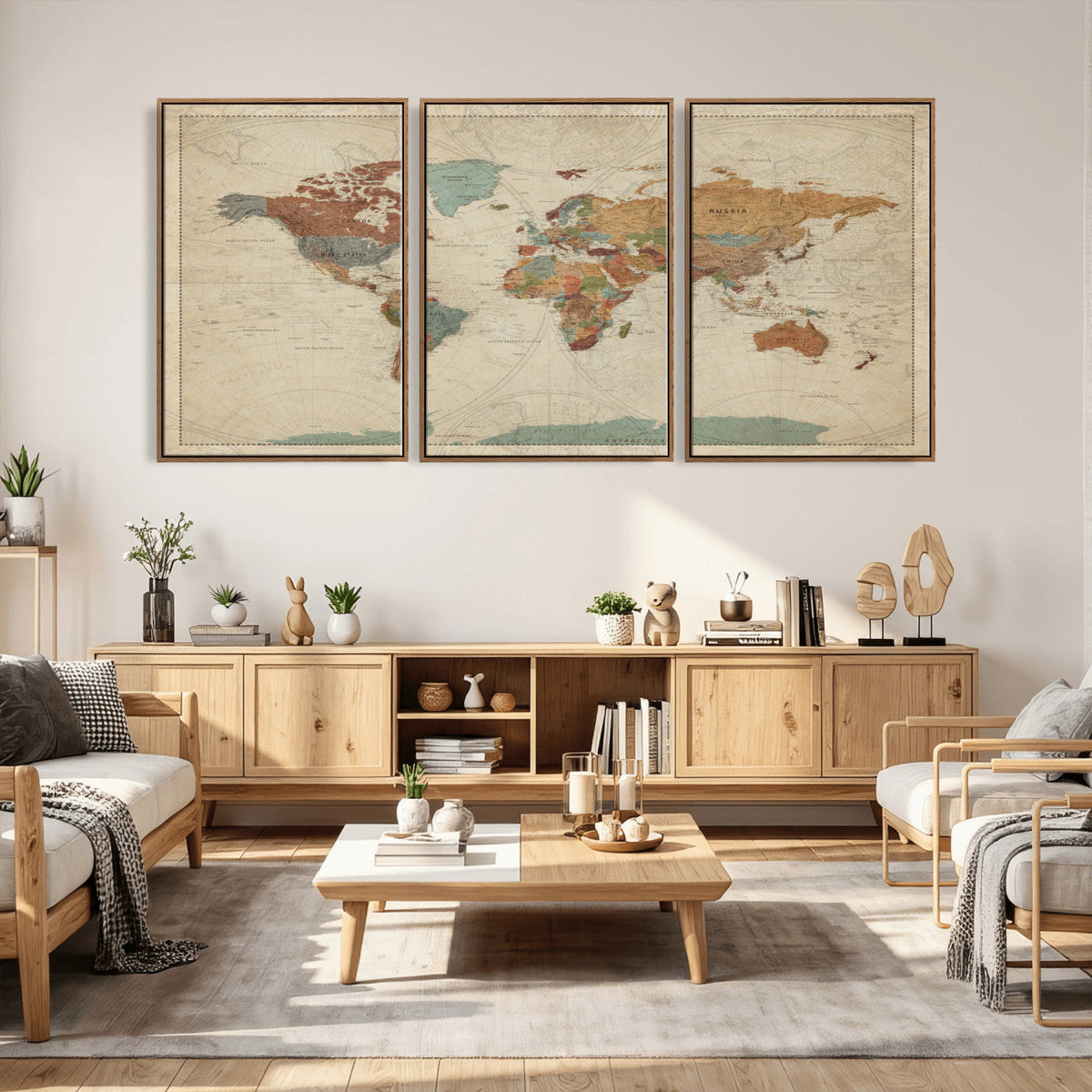 Vintage World Map Canvas Wall Art Print – Framed Modern