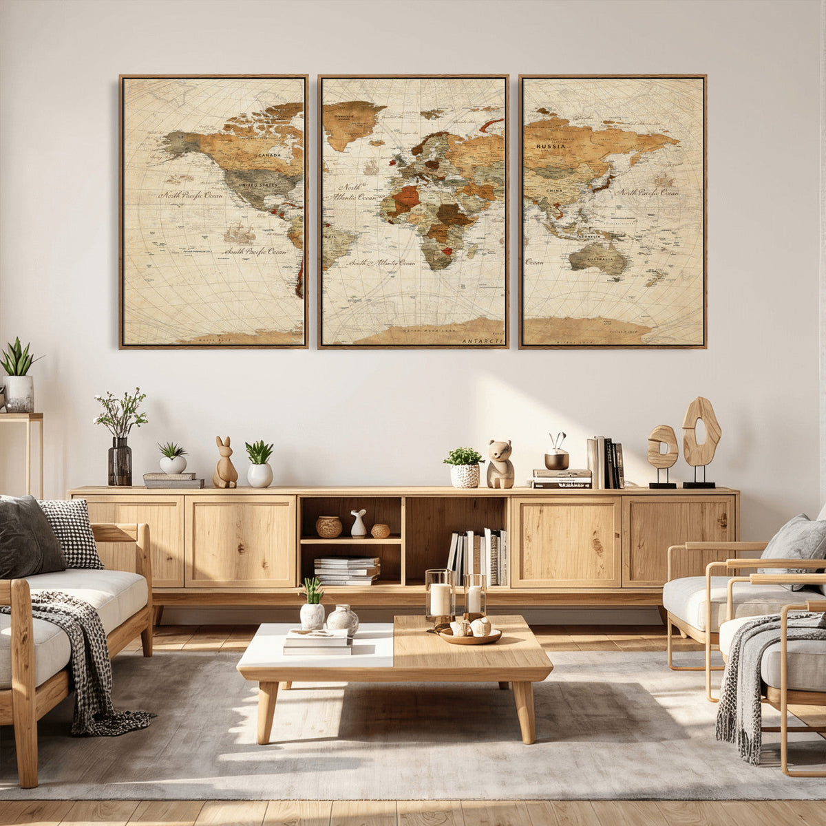 Rustic Vintage World Map Canvas Print – Framed Modern