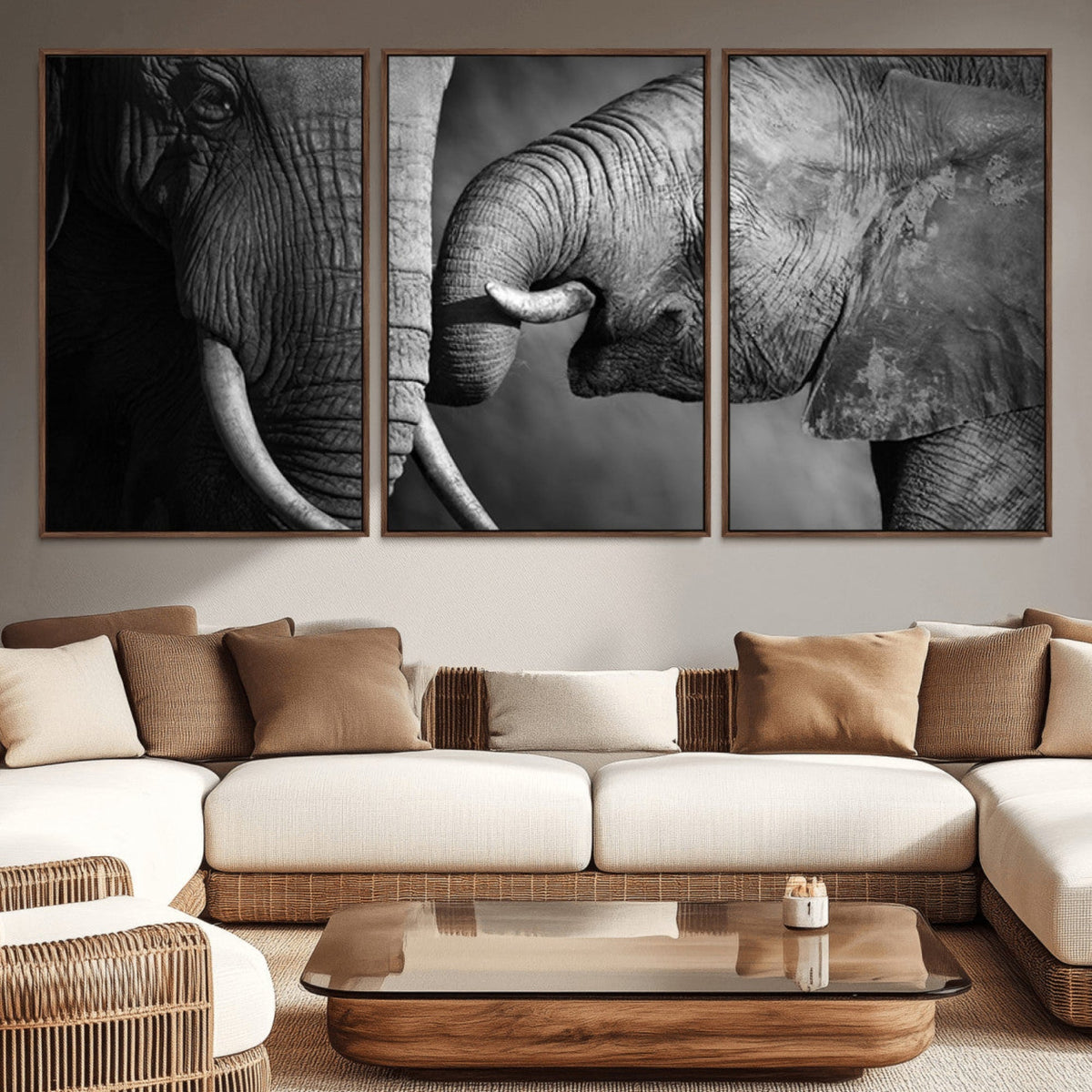 Elephant Family Wall Art Canvas, Framed Elephant Family