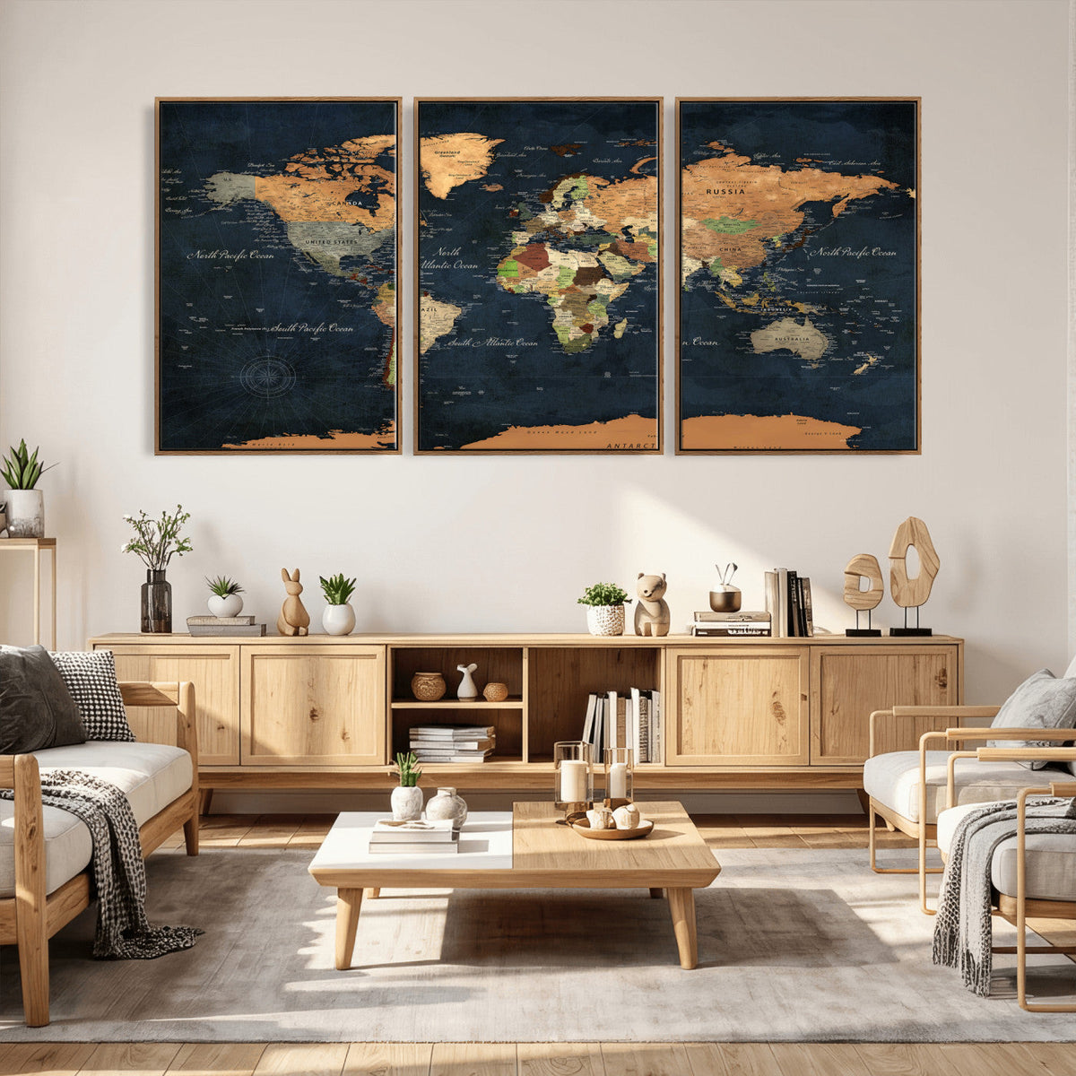 Vintage World Map Canvas Wall Art – Detailed Map with