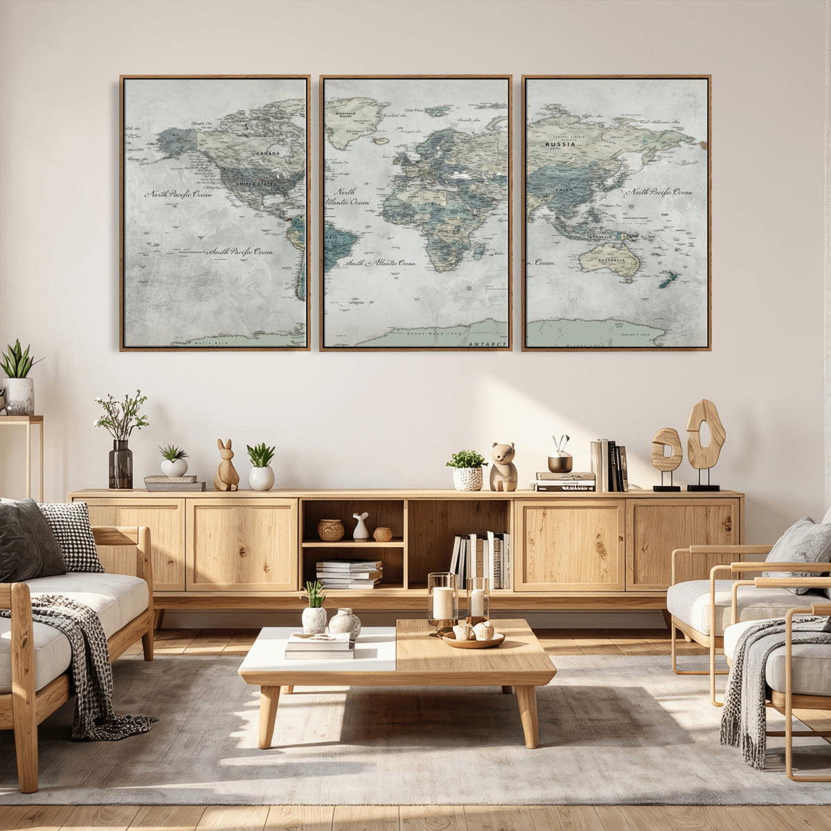 Neutral Vintage World Map Canvas Wall Art Print, Classic Map