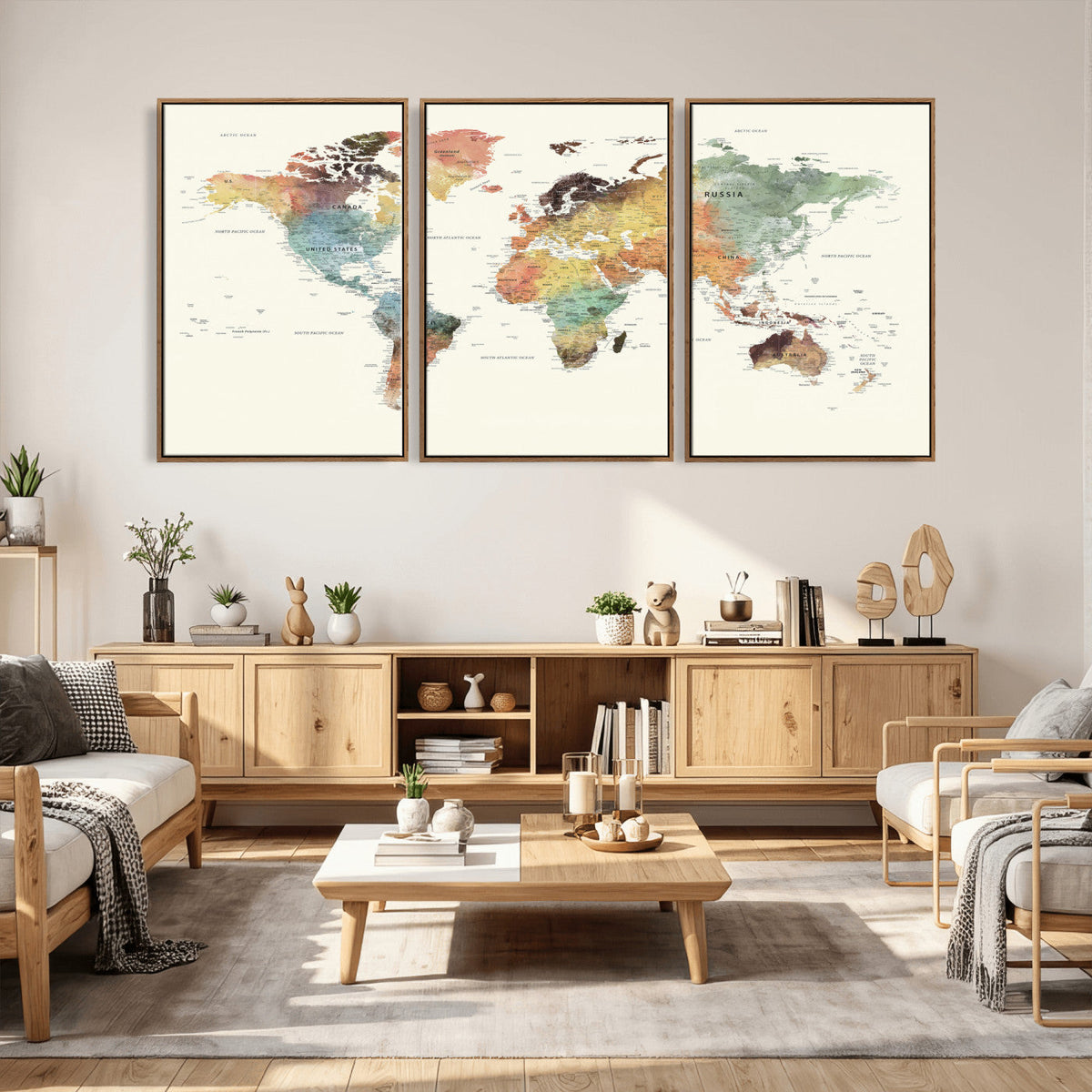 Framed World Map Wall Art Canvas Print for Living Room and