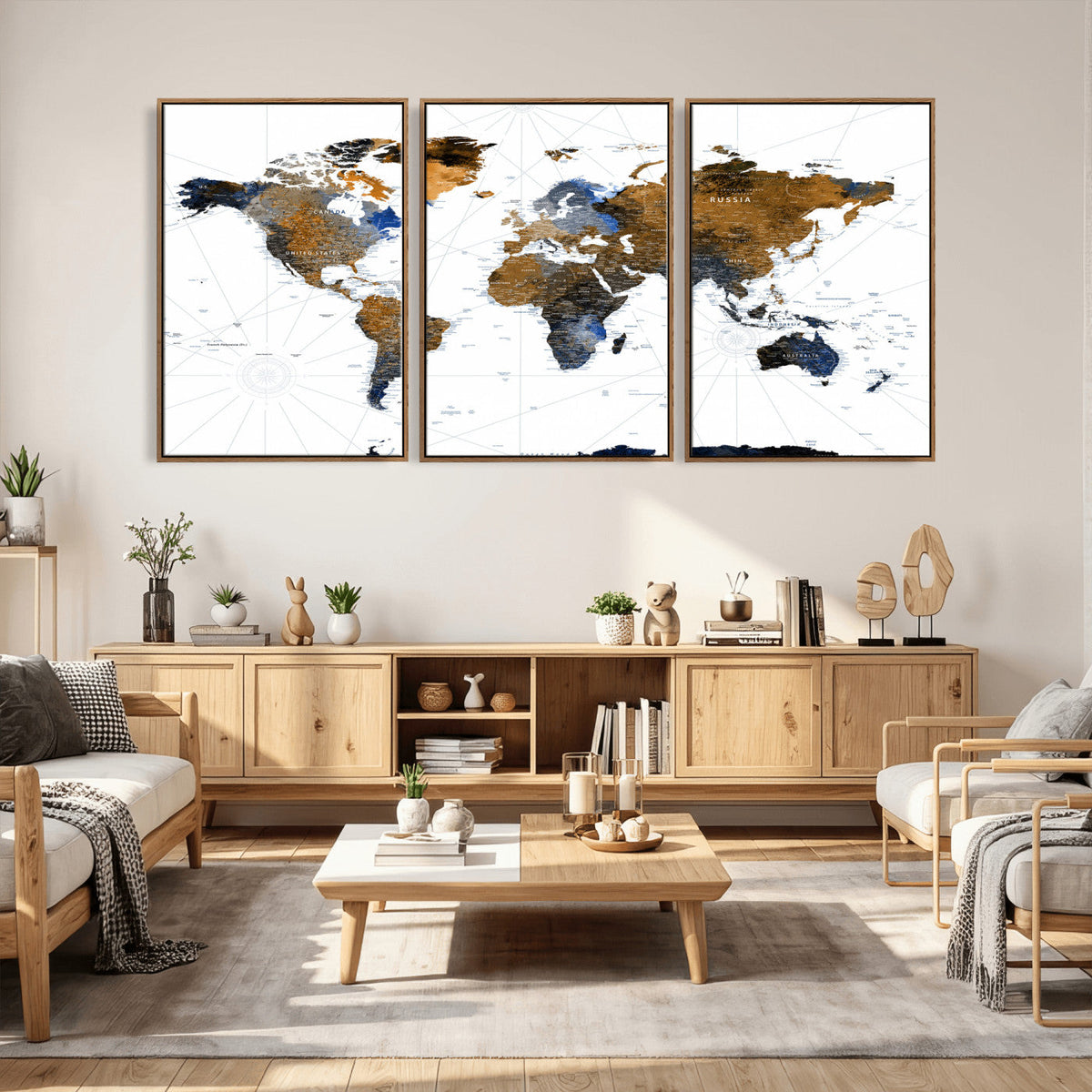 World Map Wall Art Canvas Print, Modern Decorative Framed