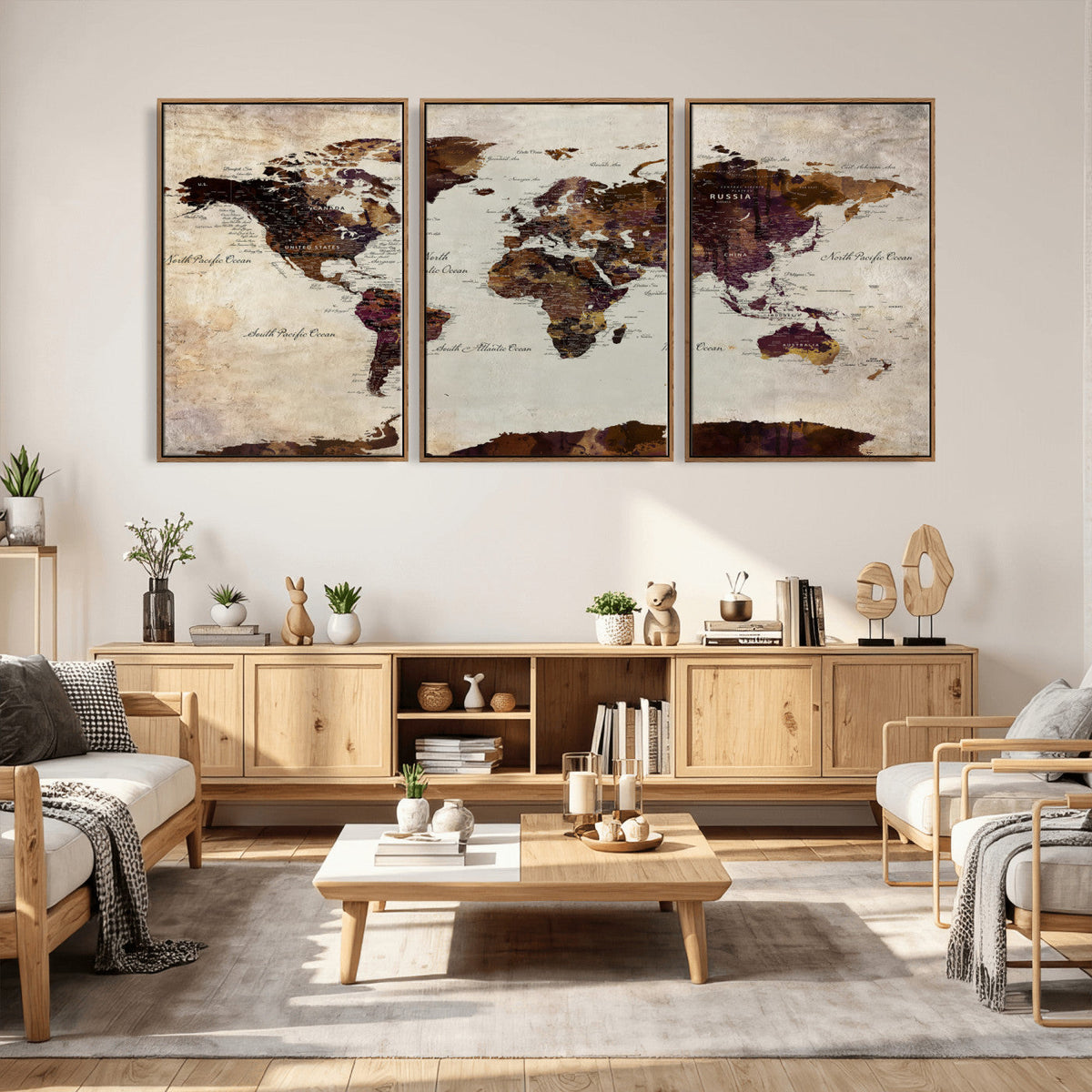 World Map Canvas Triptych – Colorful Global Wall Art for