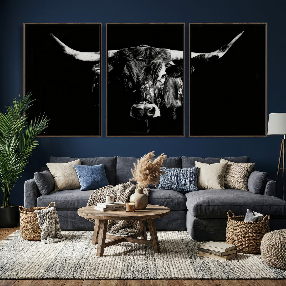 Black Bull Wall Art Canvas Print, Dark Longhorn Portrait