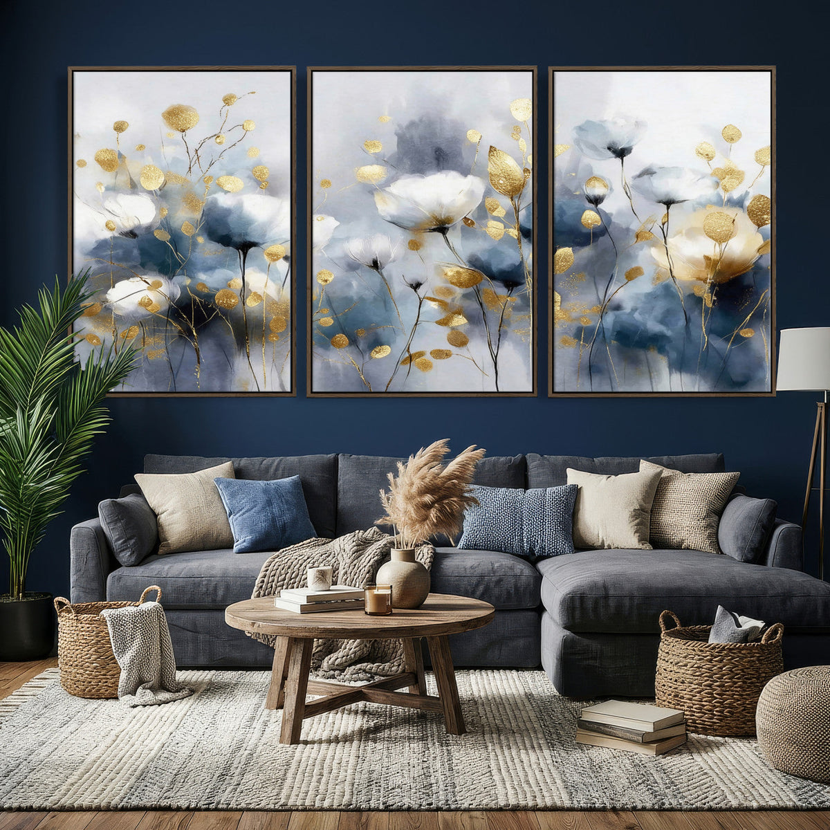 Large Abstract Flowers Wall Art Canvas Print – Gold and Blue