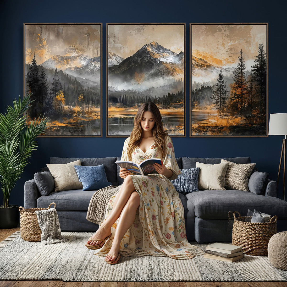 Mountain Lake Canvas Wall Art — Rustic Forest Landscape