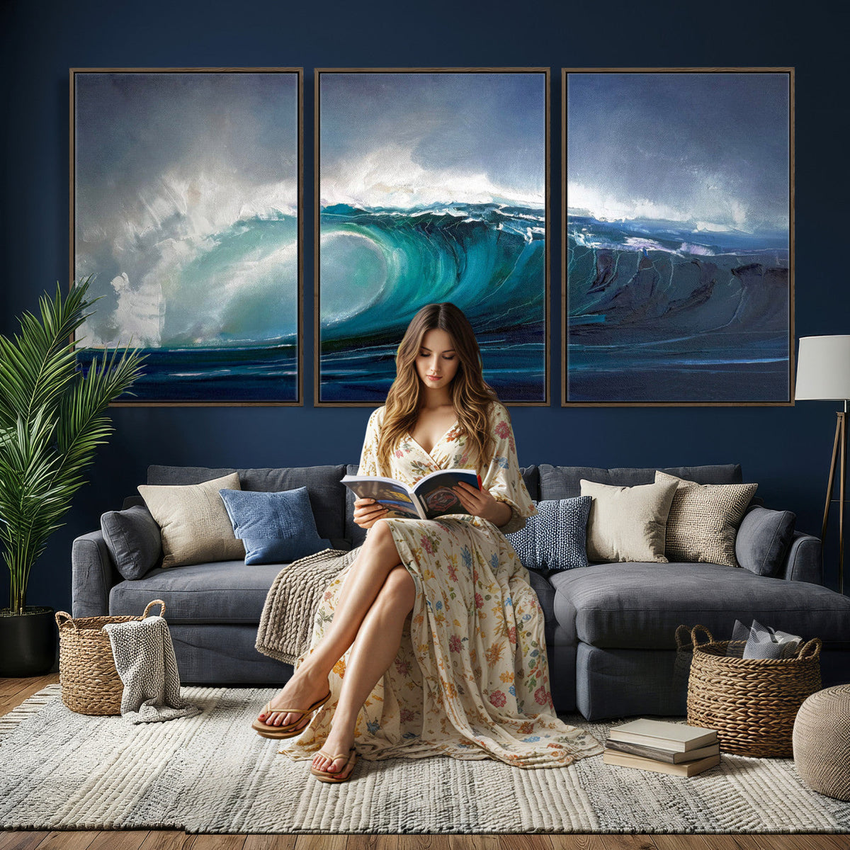 Ocean Wave Canvas Wall Art, Dramatic Teal Blue Seascape Oil