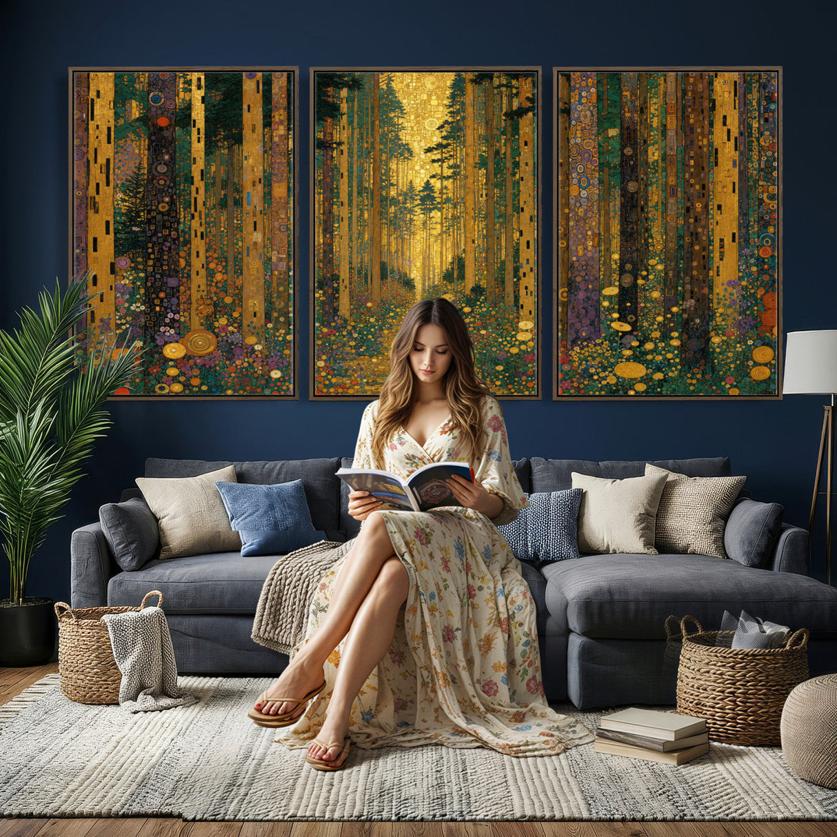 Gustav Klimt Style Forest Canvas Wall Art, Golden Forest Path Floral Art Nouveau Print, Enchanted Woodland Decor