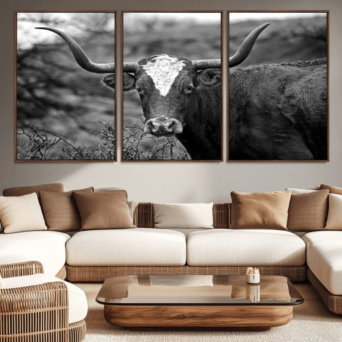 Western Home Wall Art Canvas Print, Framed Texas Longhorn