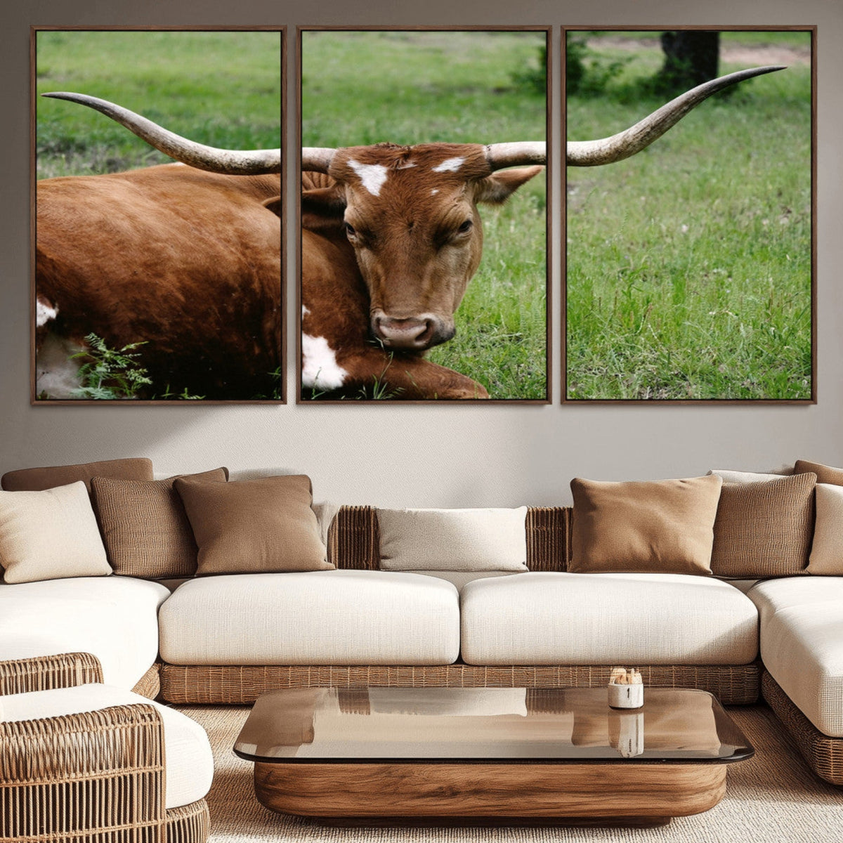 Longhorn Steer Canvas Wall Art – Rustic Nature Triptych