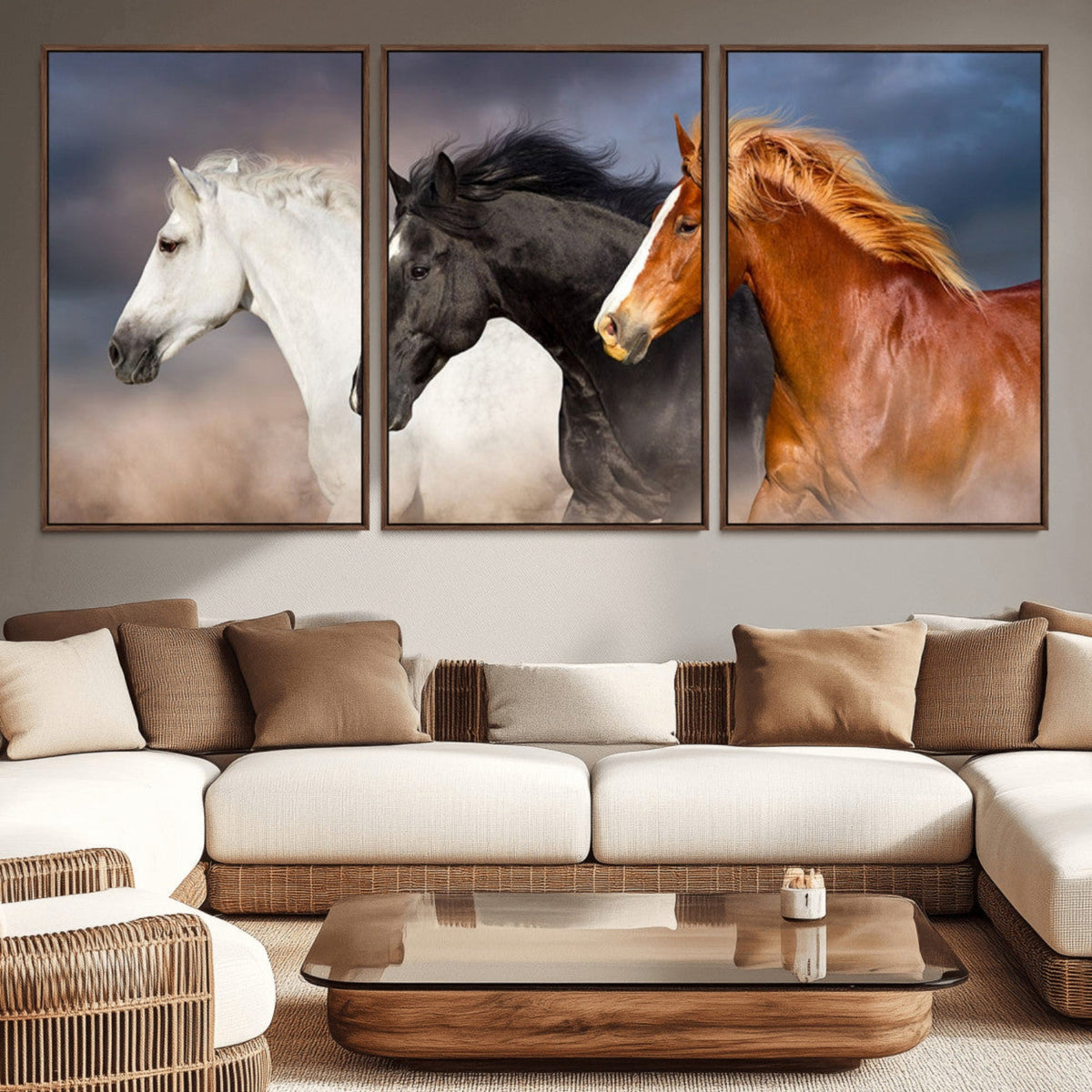 Animal Wall Art Three Horses Farmhouse Art Canvas, Framed