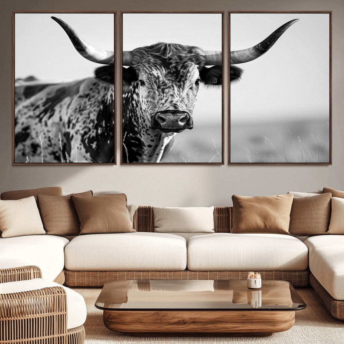 Texas Highland Cow Longhorn Canvas Print - Rustic Farmhouse