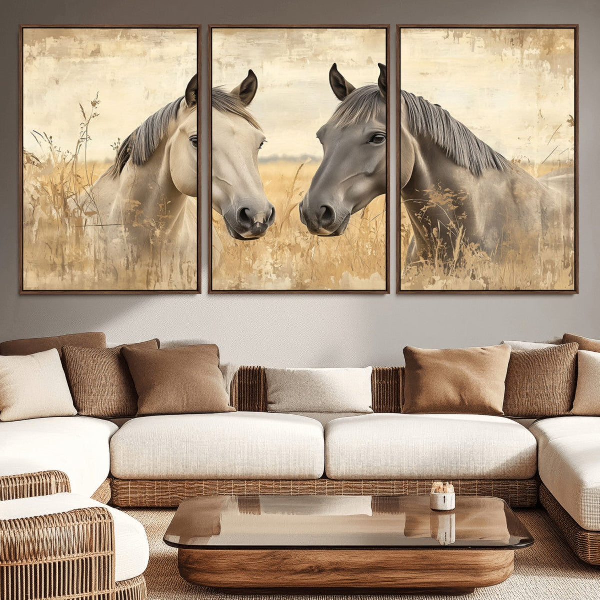 Chines Ink Style Grunge Horses Wall Art Canvas Print