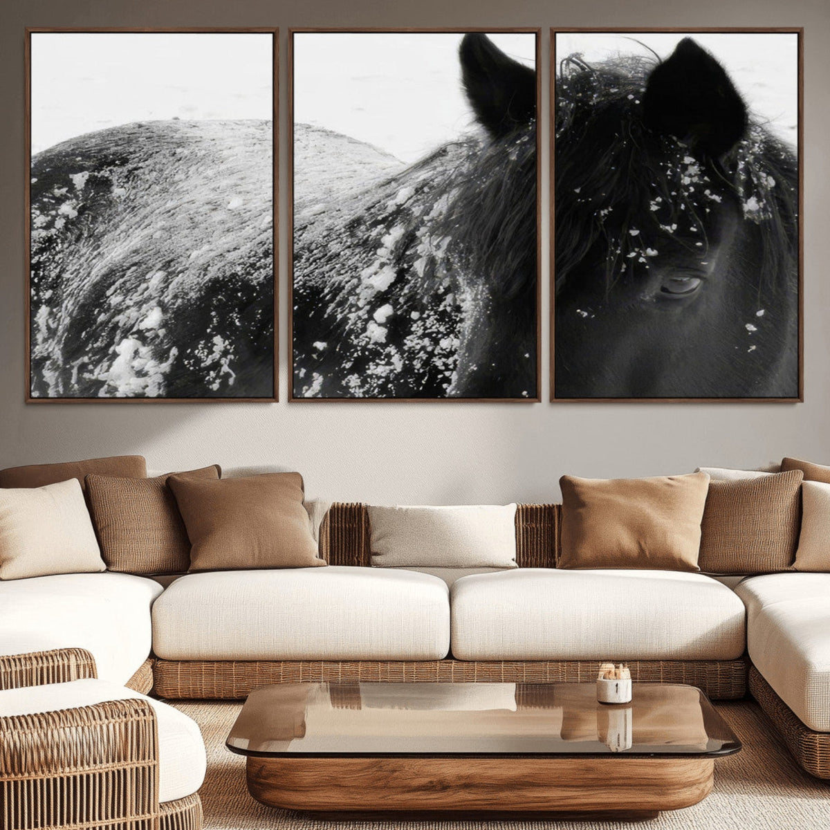 Black Horse in Snow Canvas Print | Winter Horse Wall Art |
