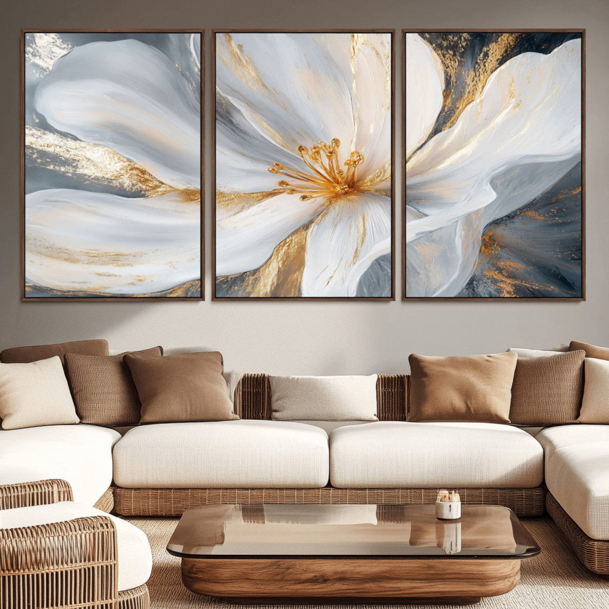 White and Gold Floral Canvas Wall Art - Framed and Ready to