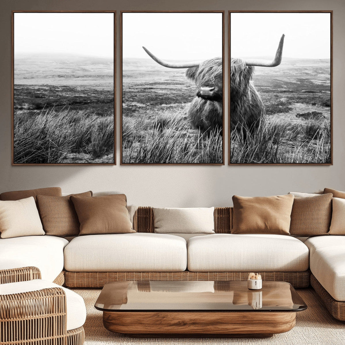Scottish Highland Cow Wall Art | Black and White Canvas