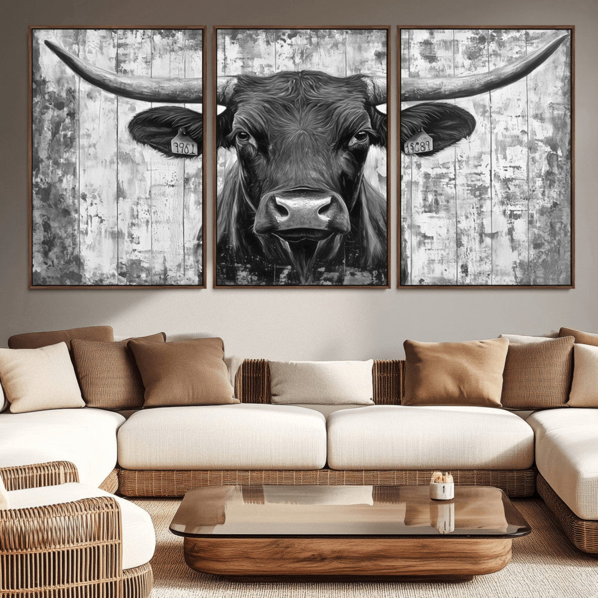 Abstract Longhorn Bull Wall Art Canvas Print - Rustic Texas