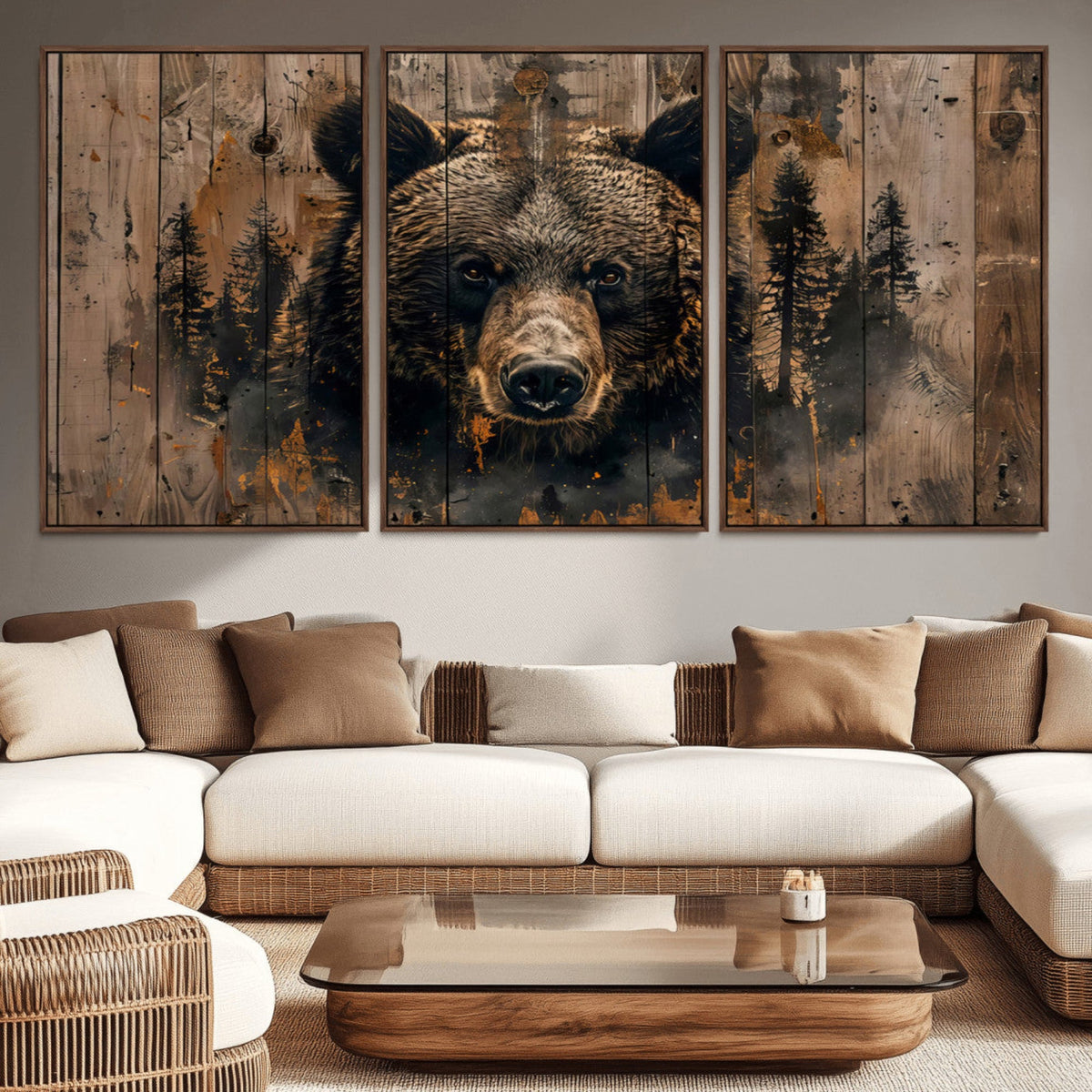 Rustic Grizzly 399 Wall Art | Triptych Canvas Print | Rustic
