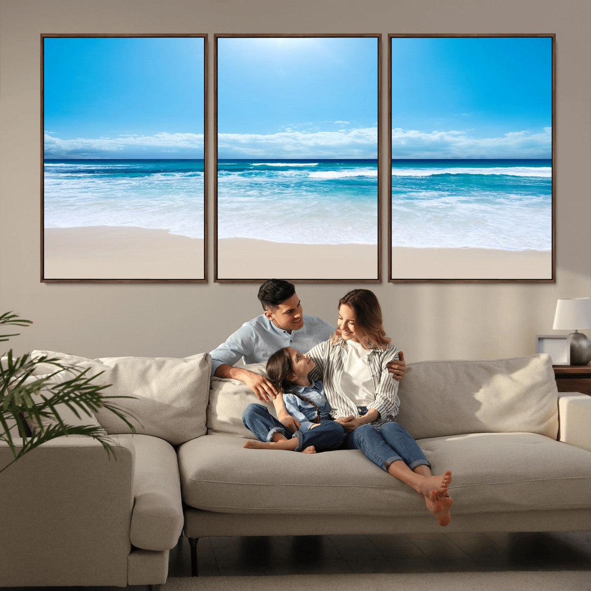 Wall Art Canvas Print Shiny Blue Sea and Beach