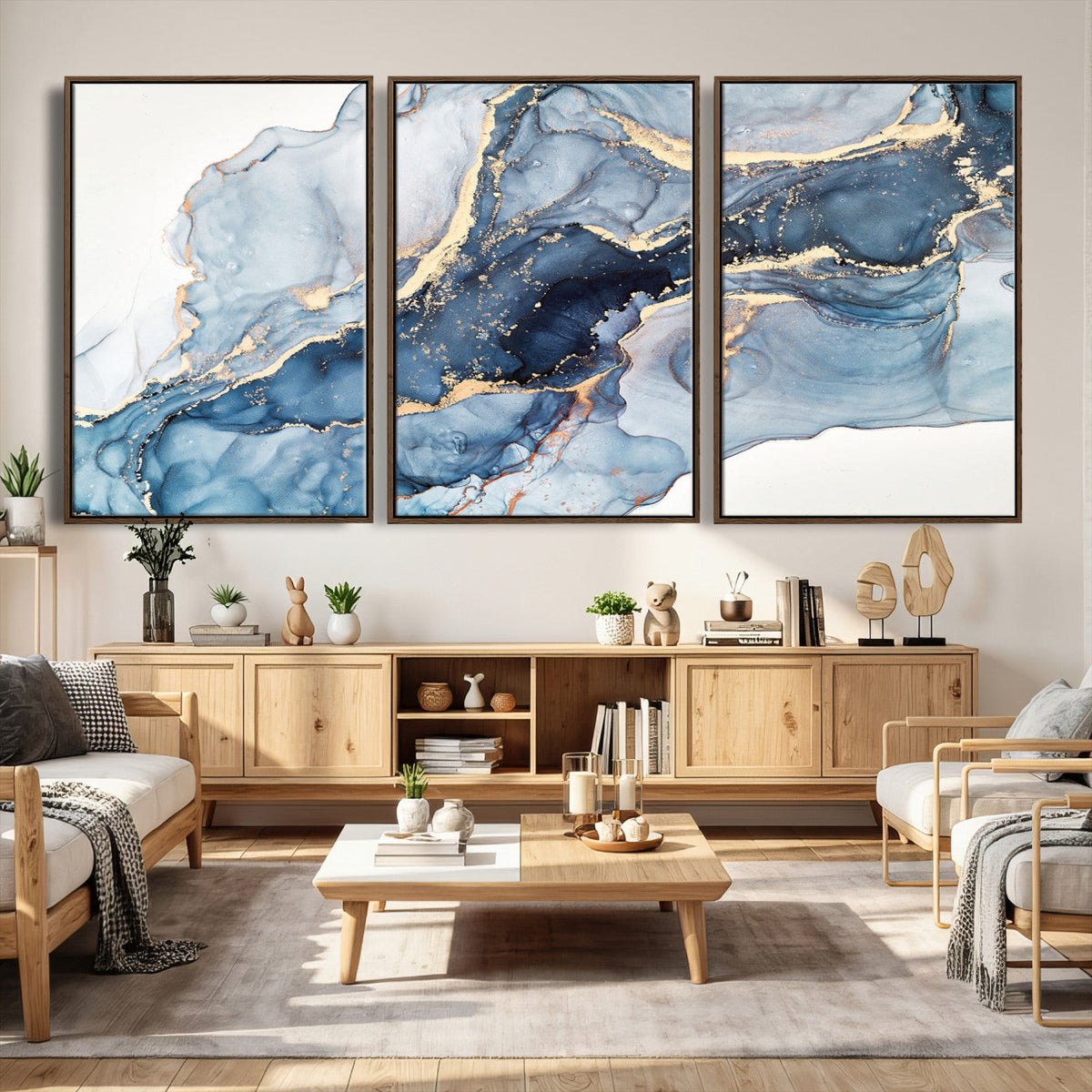 Blue Abstract Canvas Wall Art Print | Fluid Marble Effect Abstract Art