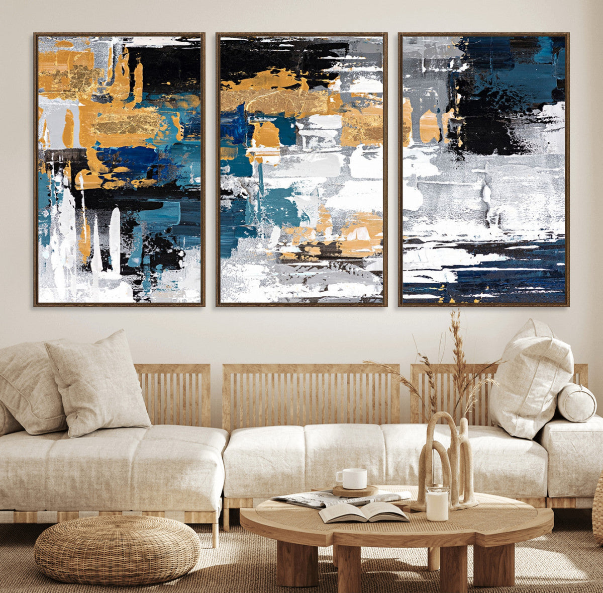 Blue and Gold Abstract Canvas Wall Art – Triptych Modern