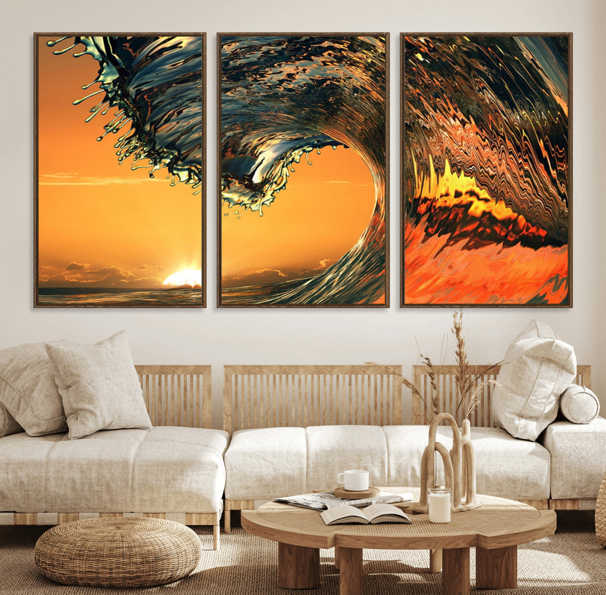 Surf Wave Sunset Canvas Wall Art Print, 3-Panel Ocean