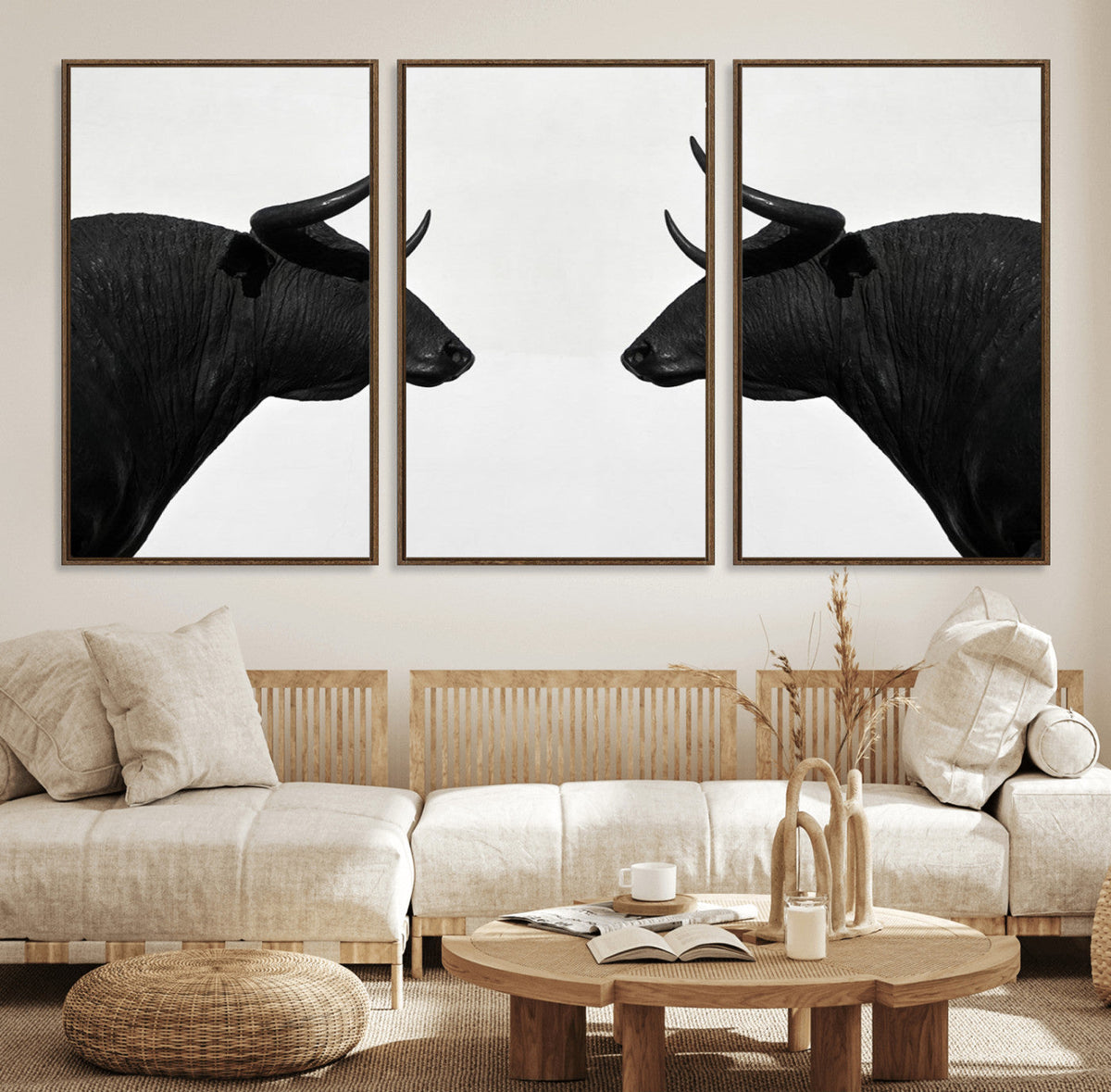 Spanish Bull Art - Framed Black and White Bull Canvas Print