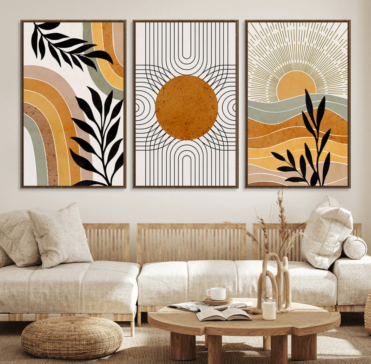 Modern Boho Sun and Leaf Abstract Art – 3-Panel Giclée