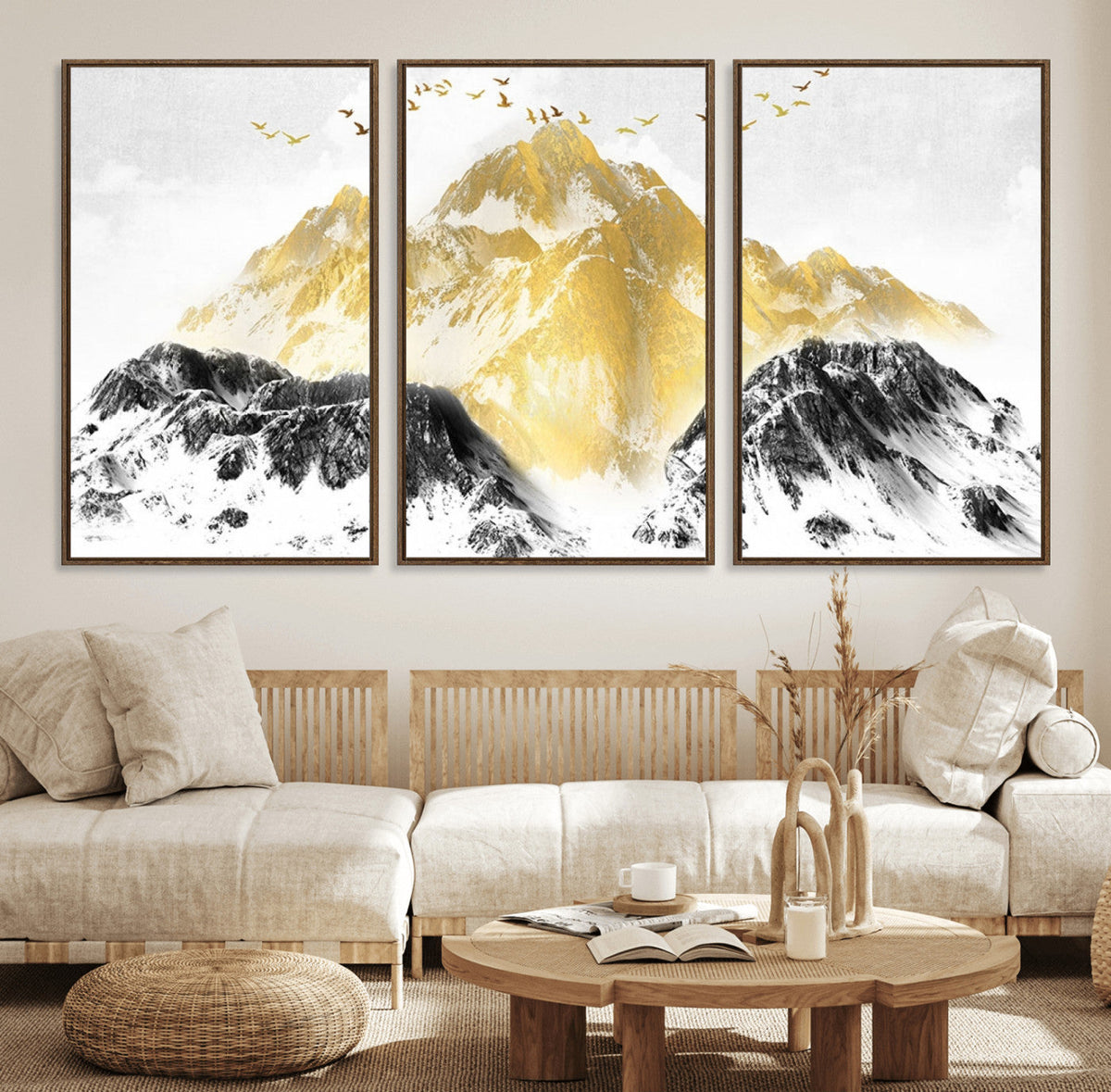 Golden Mountain Triptych Wall Art Canvas Print, Modern