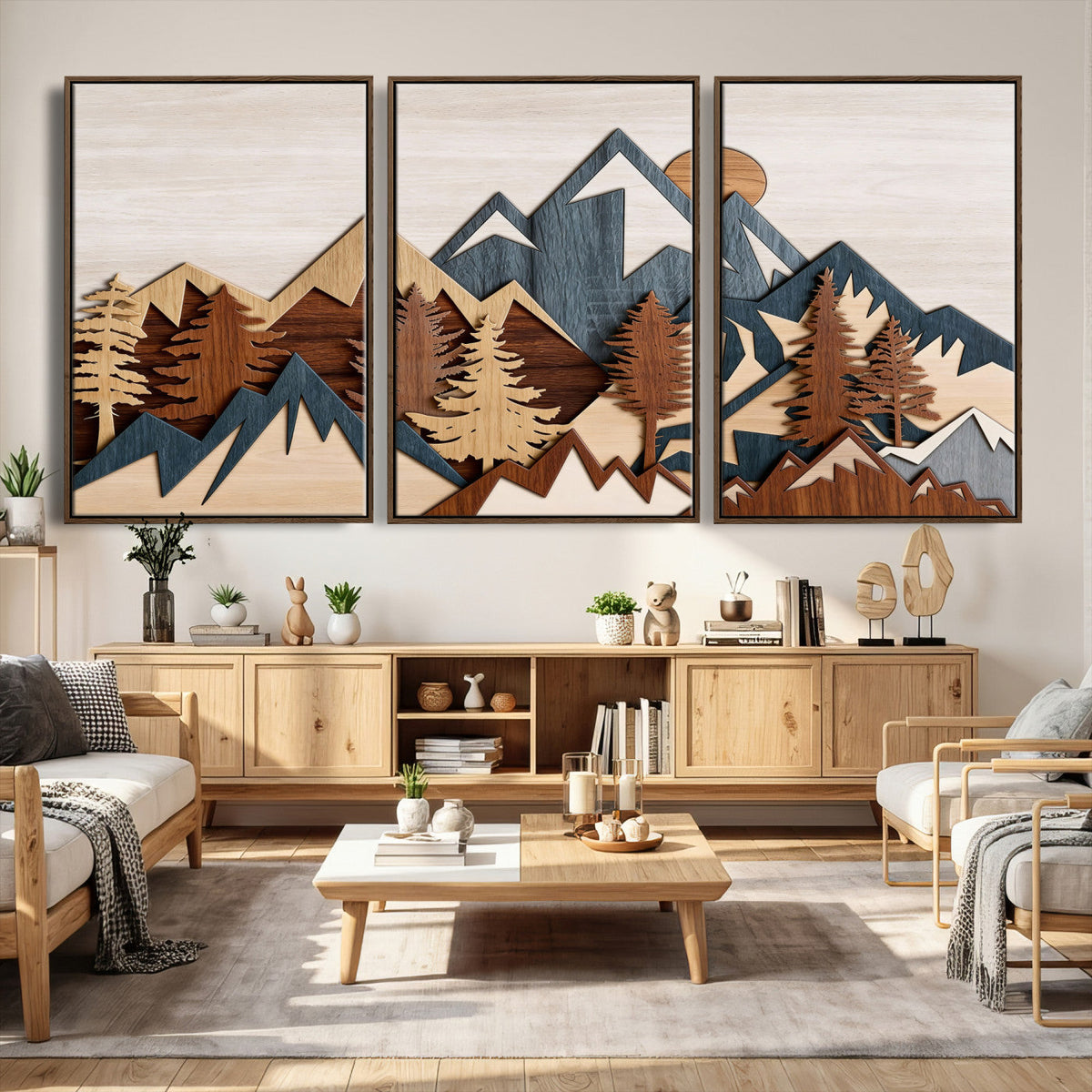 Rustic Abstract Wood Panel Effect Canvas Mountain Range Top