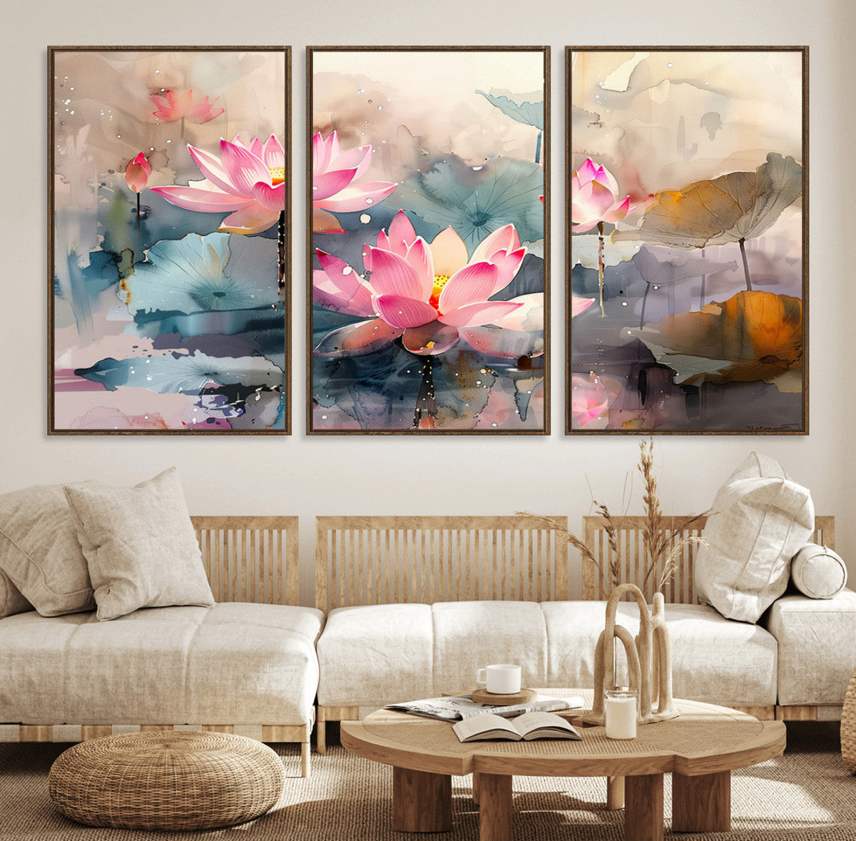 Lotus Flower Wall Art | 3-Panel Giclee Canvas Print of Pink