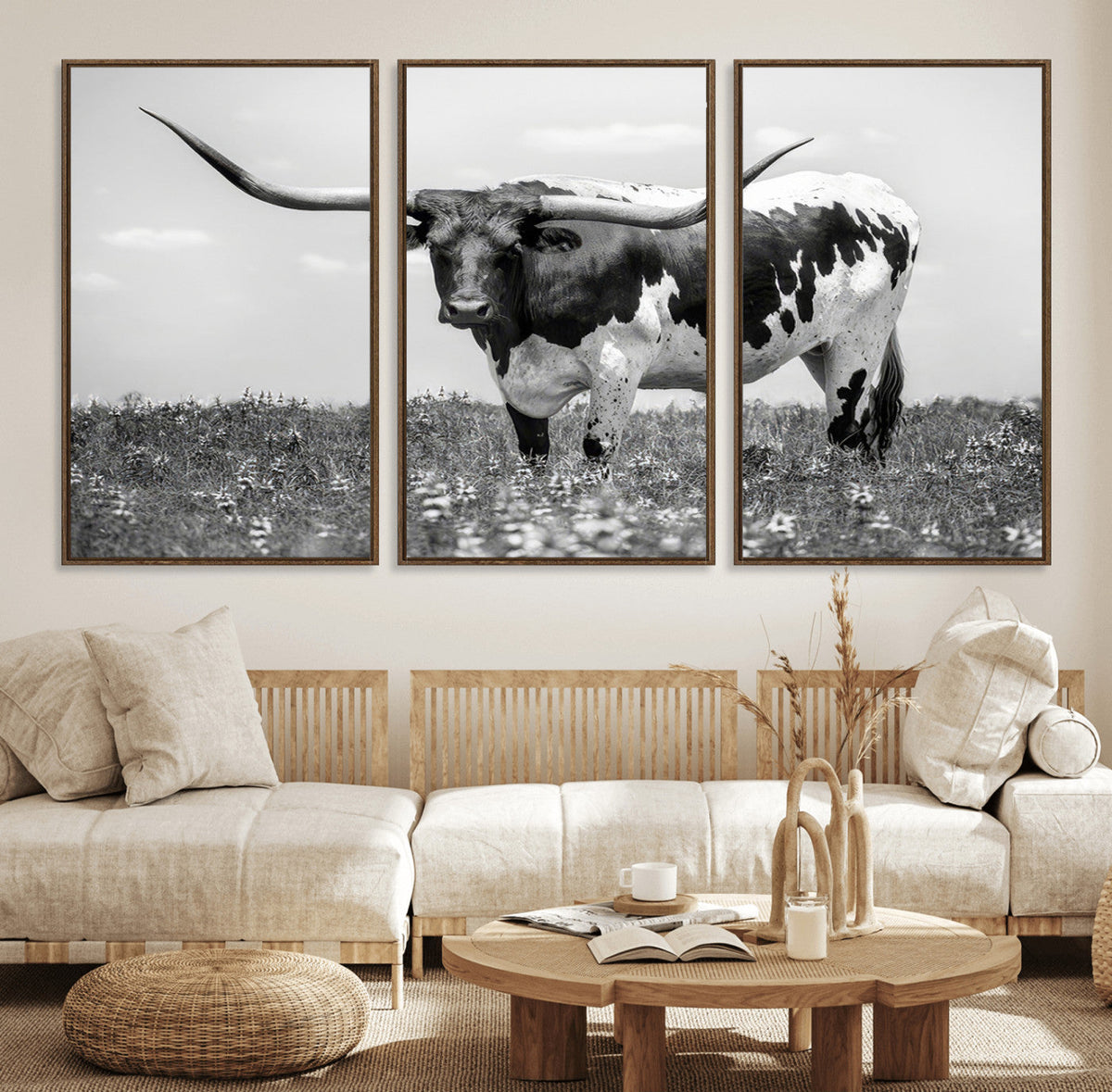Texas Black White Highland Longhorn Cow Wall Art Canvas