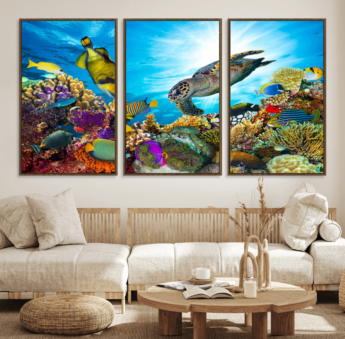 Colorful Coral Reef and Sea Life Turtle Canvas Print,