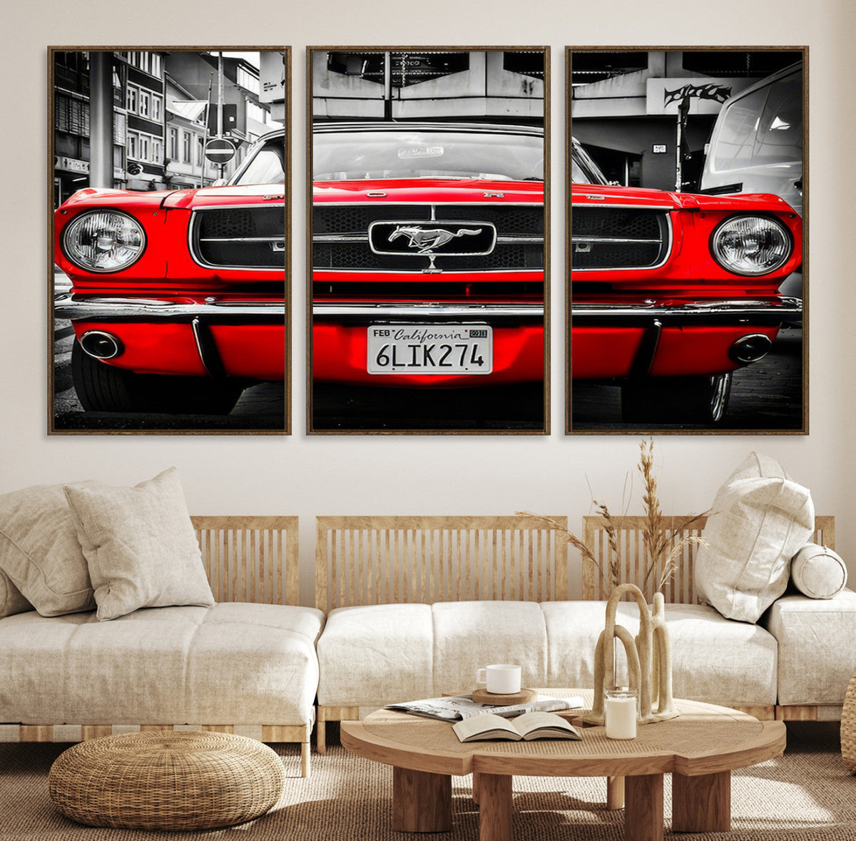 Red Mustang Car Wall Art – Framed Classic Vehicle Canvas