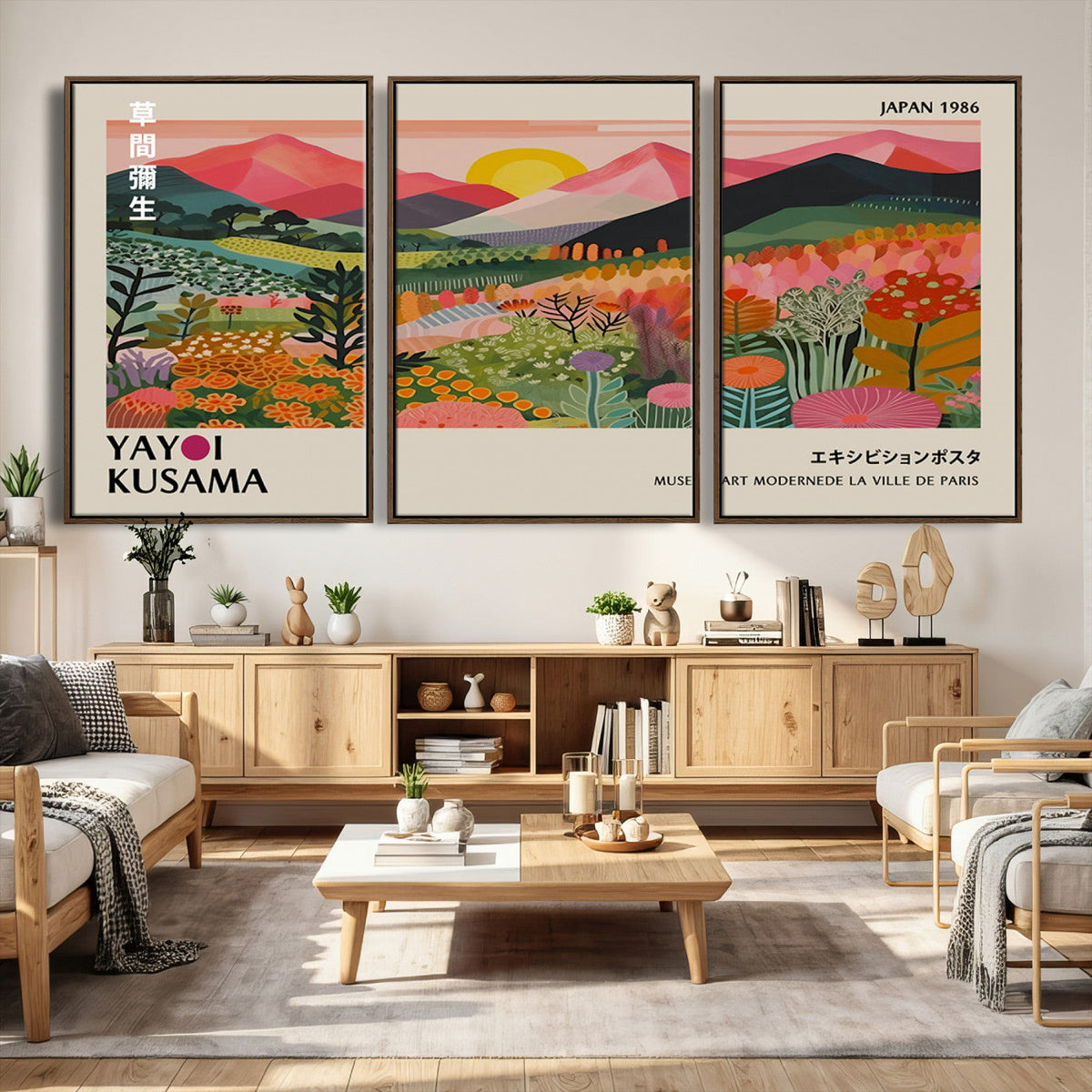 Yayoi Kusama Landscape Canvas Print, Vibrant Floral Mountain Art Print, Framed Botanical Wall Art -