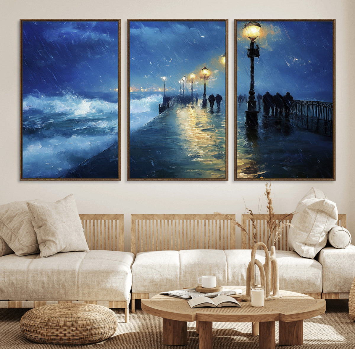 Storm Ocean Pier Canvas Wall Art Print - Large Moody Night