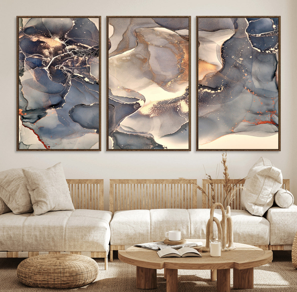 Abstract Blue and Gold Wall Art - Fluid Ink Artwork - Modern