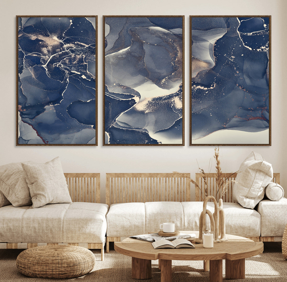 Large Abstract Blue and Gold Canvas Wall Art Fluid Ink