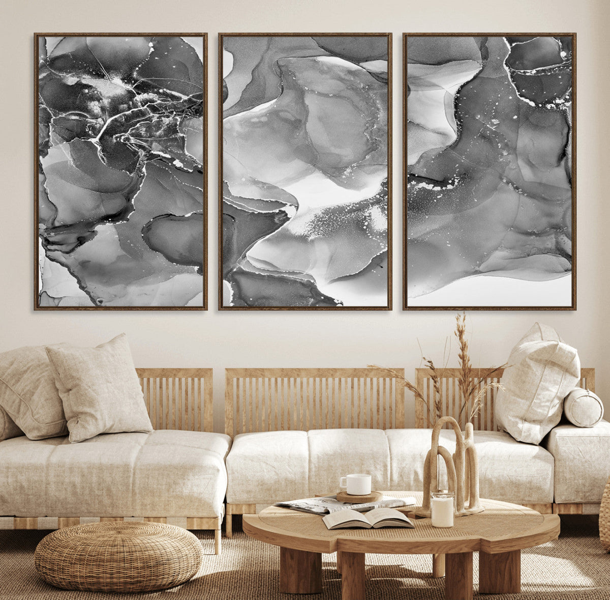 Black White Abstract Canvas Wall Art - Fluid Ink Artwork -