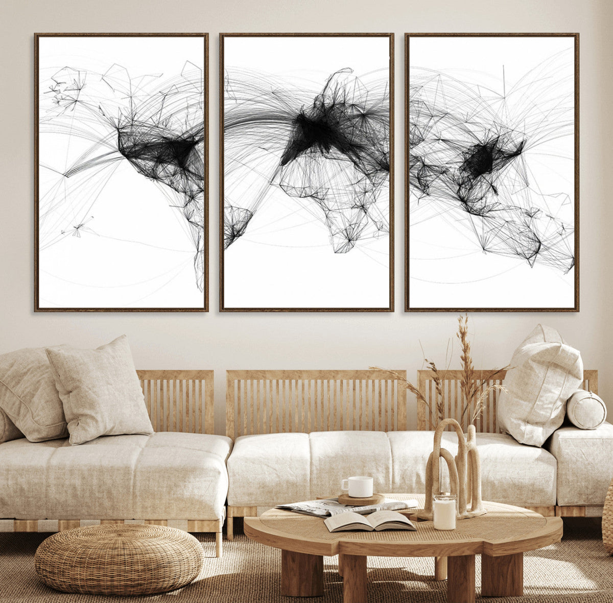 Abstract World Map Wall Art – Framed Geometric Line Canvas