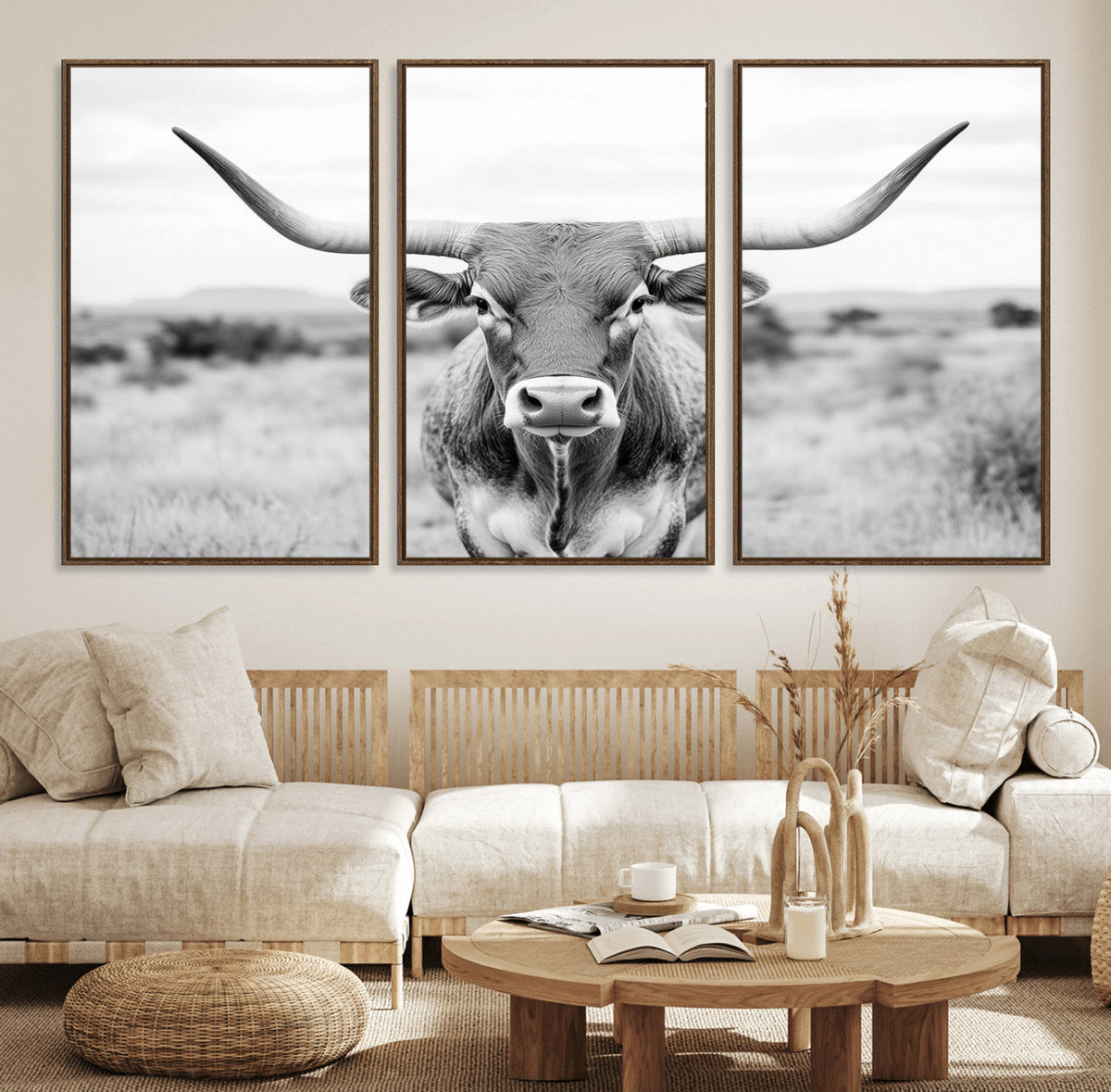 Highland Cow Wall Art Canvas Print – Black and White Western