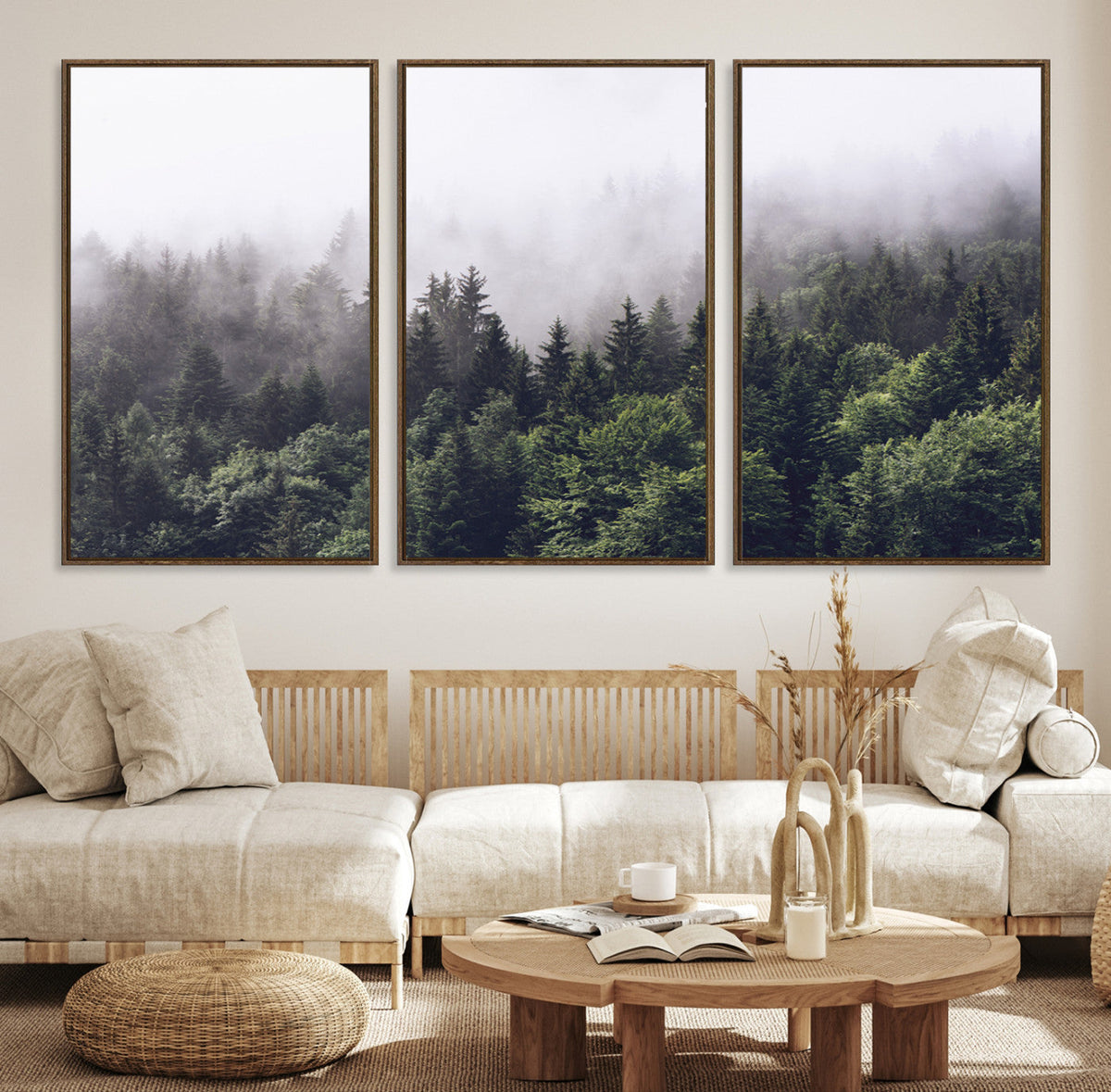 Misty Forest Wall Art Canvas Print, Serene Foggy Pines and