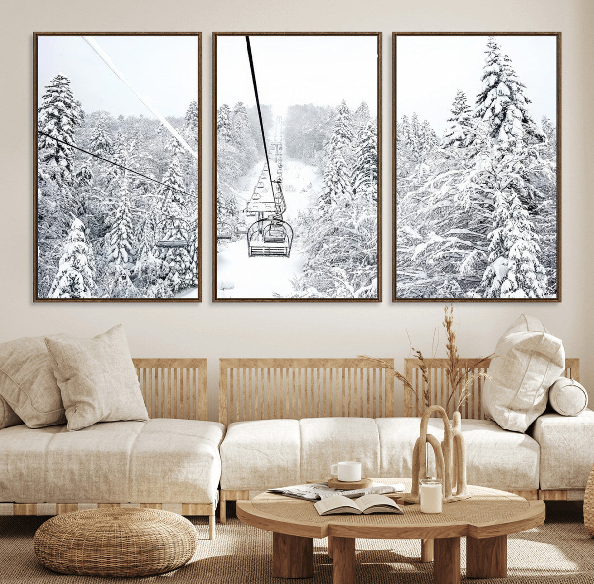 Snowy Ski Lift Wall Art – Framed Winter Mountain Canvas