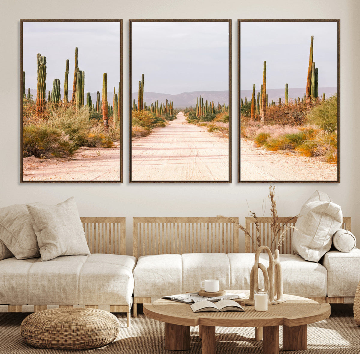 Desert Cactus Lined Road Wall Art Canvas Print – Framed
