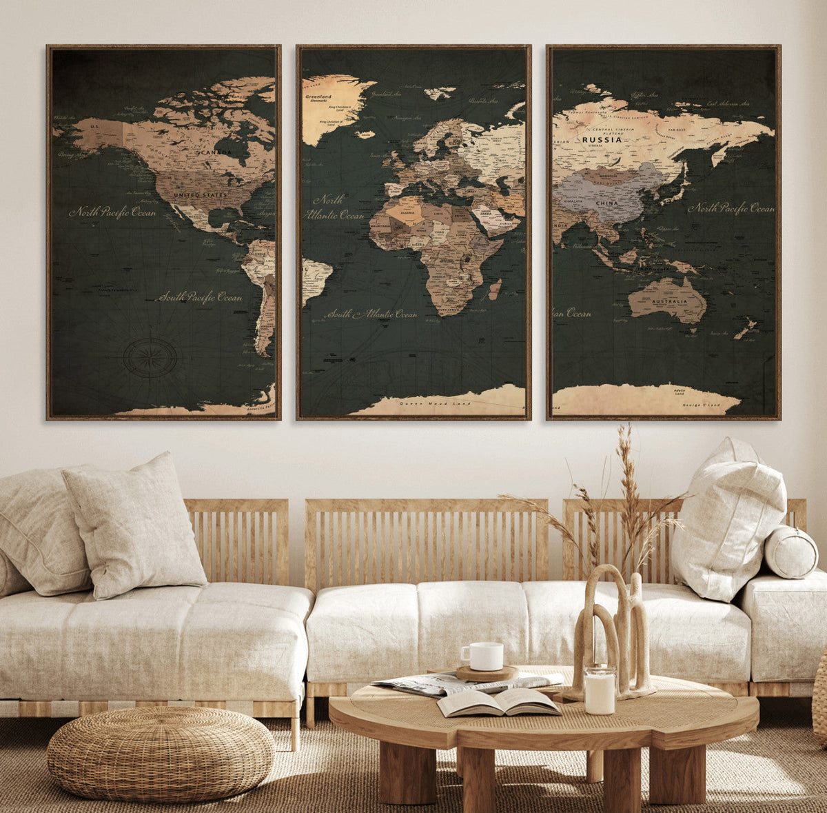 Vintage World Map Canvas Wall Art – Framed Travel Map for